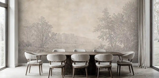 Serene lakeside forest wall mural with misty atmosphere, modern dining room with oval table and upholstered chairs