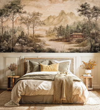 Serene mountain landscape wall mural with cranes and pavilion, shown behind modern neutral bedroom