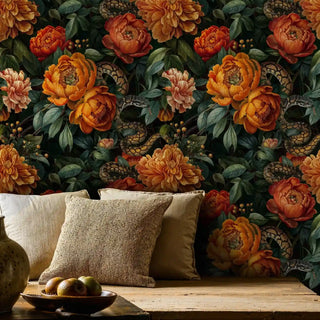 Serpent garden wallpaper featuring autumn blooms in rustic living room with woven pillows