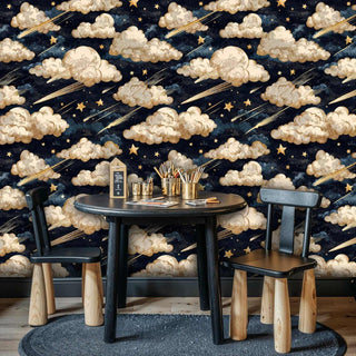 shooting stars wallpaper with illustrated clouds displayed in modern dining area with round table