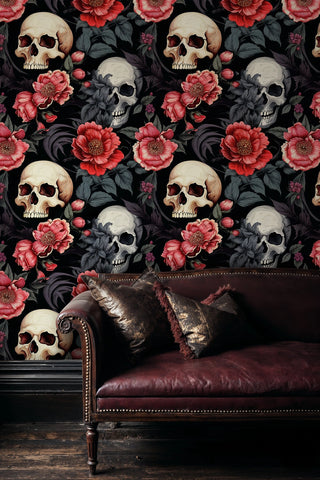 Skull and flower wallpaper pattern shown in luxurious living room with burgundy leather sofa
