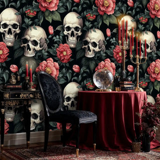 Skull and peony wallpaper in black with red florals, featured in mystical room with crystal ball