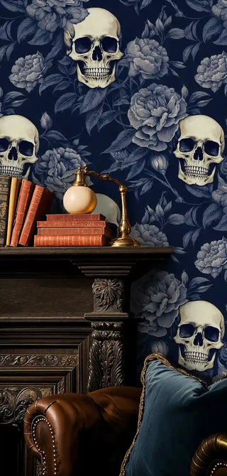 Skull peony wallpaper, navy and ivory, with ornate fireplace