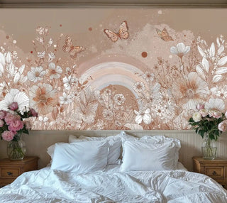 Soft rainbow butterfly wallpaper in beige tones, featured in romantic bedroom with white linens and floral vases