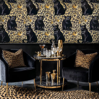 Sophisticated black cat wallpaper on leopard background displayed in modern lounge with brass bar cart