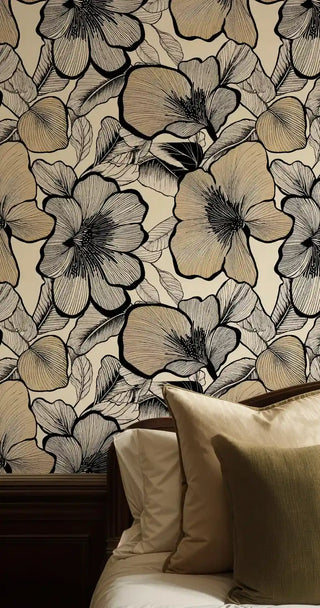 Sophisticated botanical wallpaper showcasing detailed line work, featured in bedroom setting with golden pillows
