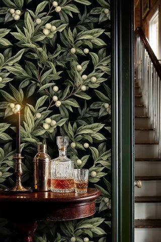 Sophisticated botanical wallpaper with berry motifs, featured in elegant hallway with crystal whiskey decanter