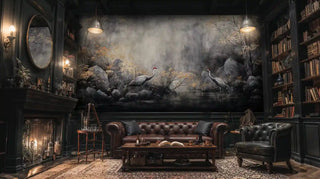Sophisticated crane landscape mural with autumn tones, featured in traditional study with leather furniture
