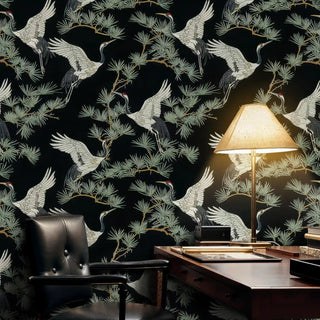 Sophisticated crane pine wallpaper featuring flying birds, shown in executive home office with brass desk lamp and leather chair