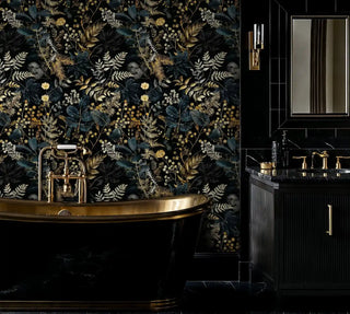 Sophisticated dark botanical wallpaper in home office with modern desk and built-in shelving