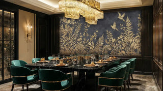 Sophisticated dining room featuring gold botanical mural with crystal chandelier and emerald velvet chairs