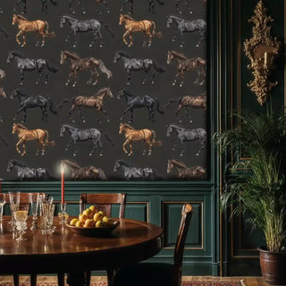 Sophisticated equestrian wallpaper showing majestic horses, featured in formal dining room with round wooden table