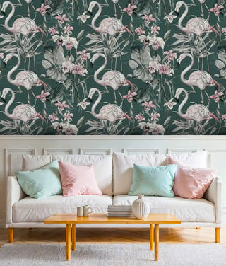 Sophisticated flamingo wallpaper with botanical elements in contemporary living room featuring white sectional sofa