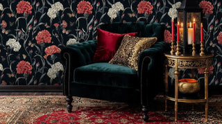 Sophisticated floral wallpaper featuring carnations and butterflies in luxury living room with teal sofa