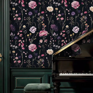 Sophisticated floral wallpaper pattern on black background, displayed in music room with grand piano