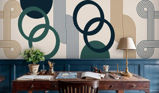 Sophisticated geometric Wall Mural with flowing lines and circles, shown in home office with vintage wooden desk