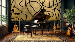 Sophisticated line art wall mural in black and gold, featured in music room with grand piano