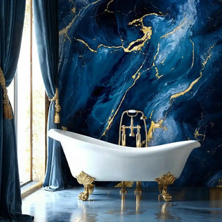 Sophisticated marble wall mural in deep blue bathroom setting with ornate bathtub