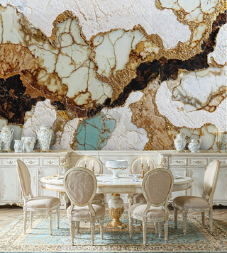 sophisticated marble wallpaper with turquoise accents, shown in formal dining room with ornate chairs