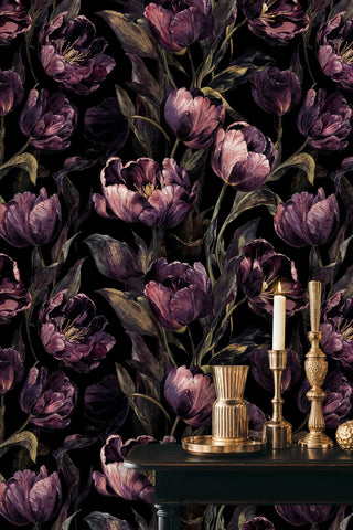 Sophisticated tulip wall mural with moody purple blooms styled with brass candlesticks and gold decor
