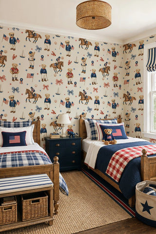 Sporty teddy bear wallpaper with flags and stars on ivory, in a twin bedroom with plaid bedding