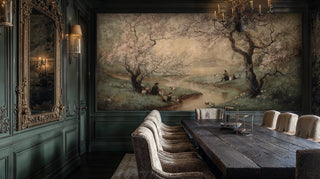 Spring garden wall mural featuring flowering trees and pastoral figures in elegant dining room with chandelier
