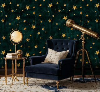 Star pattern wallpaper in gold and green tones, displayed in sophisticated study with telescope