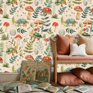 Storybook style wallpaper featuring woodland animals and mushrooms, shown in reading nook with vintage books