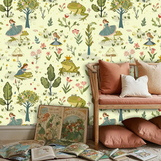 Storybook wallpaper with fairy tale characters and mushrooms, shown in cozy reading nook with leather daybed