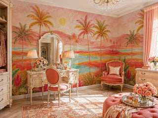 Sunset palm tree wall mural in warm watercolor hues in a feminine dressing room with ornate vanity and mirror