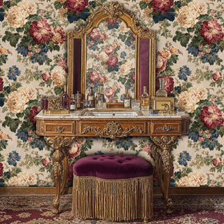 Tapestry-style floral wallpaper with rich burgundy blooms, featured in luxury dressing room with gilded vanity table