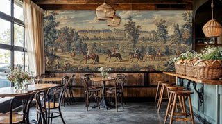 Tapestry wallpaper showing estate scene with horses in rustic cafe with wicker pendant lights