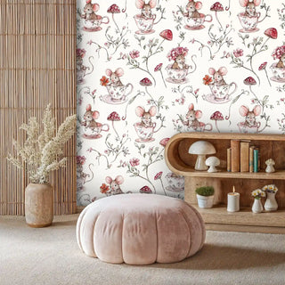 Tea party mice wallpaper with pink mushrooms and flowers in modern living room with velvet ottoman and shelving