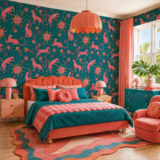Teal and pink leopard wallpaper with golden stars and suns, in a vibrant bedroom with scalloped pendant lamp