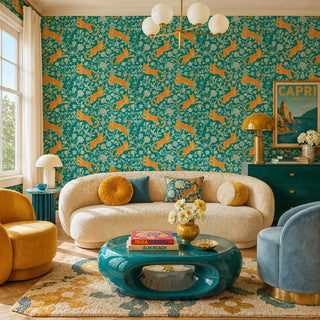 Teal botanical leopard wall mural with amber cats and blossoms in a living room with curved boucle sofa