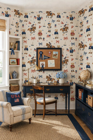 Teddy bear americana wallpaper with horses and bows, in a study with navy desk and corkboard