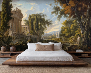 Temple ruins Wall Mural featuring classical columns and natural landscape in modern bedroom with platform bed