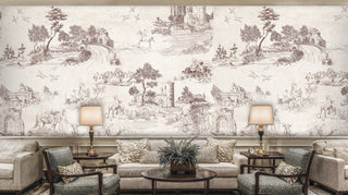 Toile de Jouy wall mural with pastoral scenes and castles in brown, in a traditional lounge with paired table lamps and round coffee table
