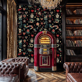 Traditional American tattoo wallpaper with vintage jukebox, creating bold statement wall