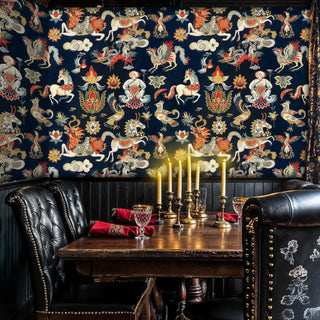 traditional Asian creatures wall mural with horses and phoenixes, shown in formal dining room with leather chairs