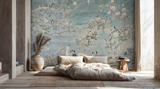 Traditional Asian garden wallpaper with birds and blossoms in modern bedroom with dark wood accents