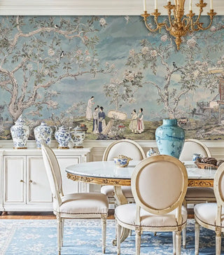 Traditional Asian garden wallpaper with sage background in formal dining room with blue porcelain vases