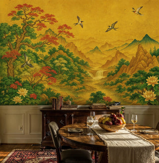 Traditional Asian wall mural featuring mountains and cranes, displayed in dining room with wooden table