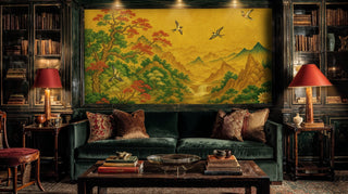 Traditional Asian wall mural with cranes and mountains, displayed in dark library with built-in bookshelves