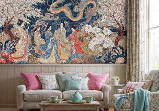 Traditional Asian wall mural with geishas in silk kimonos, styled in cottage living room with floral cushions