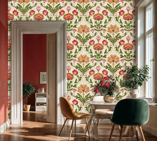 Traditional botanical damask wallpaper with coral flowers and green foliage in modern dining room with round table