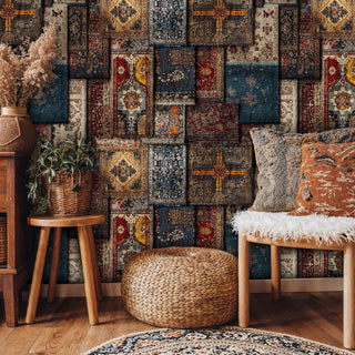 traditional carpet motifs wallpaper with weathered textures, shown in cozy space with woven ottoman and bench