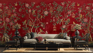 Traditional chinoiserie mural showing flowering trees and birds in formal living room with black furniture