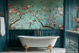 Traditional chinoiserie wall mural featuring songbirds and blooms, displayed in luxury bathroom with clawfoot tub