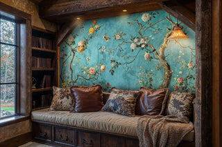 Traditional chinoiserie wall mural with botanical motifs on teal background, in rustic reading nook with built-in bench